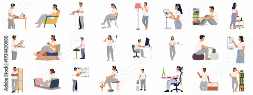 Diverse individuals wearing headsets engaged in various online communication, customer support, and remote work activities from different comfortable home settings.