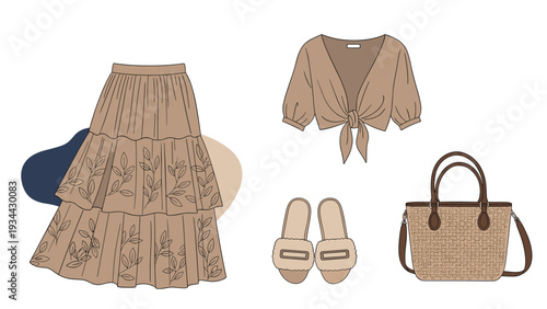 Stylish summer outfit flat lay composition featuring a tiered skirt, tied crop top, straw tote bag, and slide sandals.