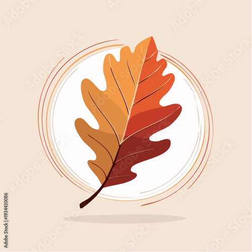 Autumn Oak Leaf Illustration with Circular Frame on Beige Background