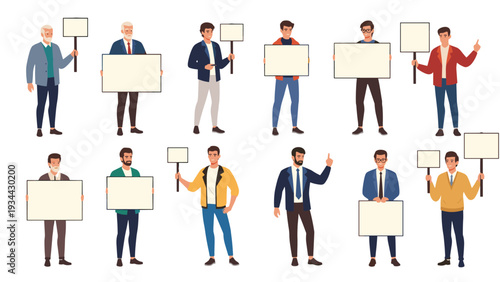 Large set of various men from different backgrounds standing and holding up blank white protest signs or message boards.