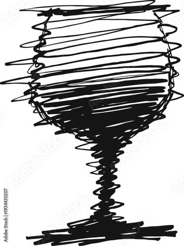 Abstract scribble drawing of a wine glass silhouette in black ink doodle on white background