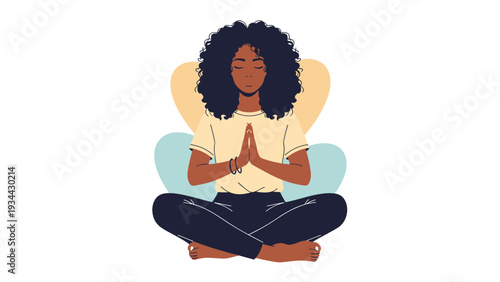 Calm black woman with curly hair sits in a lotus position meditating for mindfulness and peace with abstract shapes behind.