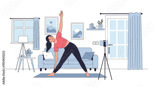 Young woman practices a yoga triangle pose on a mat at home while recording her workout session using a phone on a tripod.