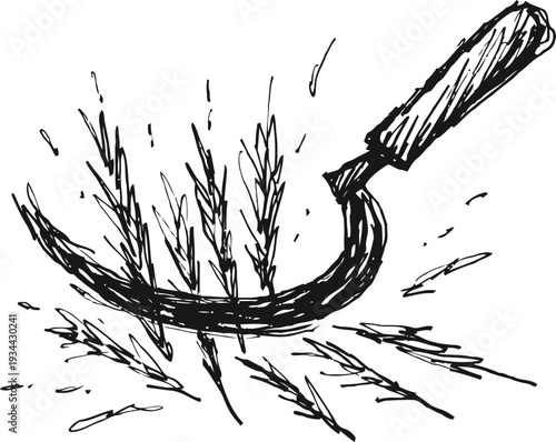 Hand drawn sickle cutting wheat grain stalks in agriculture farming illustration