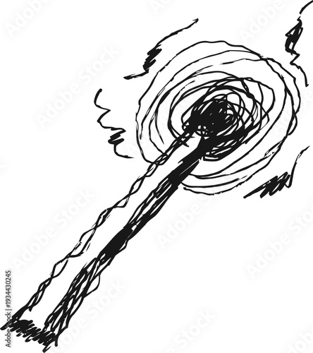 Hand drawn burning matchstick with flame sketch ignition, fire element, charcoal drawing, linear art