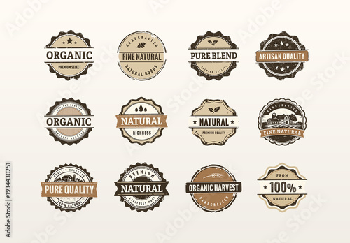 Rustic Organic Label Badge Vector Set - vintage sticker seals, natural farm product tags