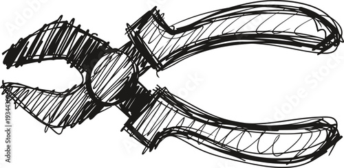 Hand drawn sketch of pliers tool with curved handles and gripping jaws in black ink