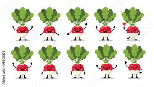 Adorable set of cartoon radish characters showing various facial expressions from happy and winking to sad and angry.