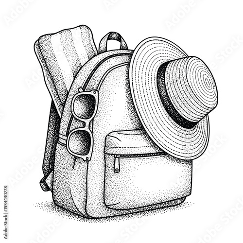 Summer backpack with straw hat and sunglasses in hand-drawn style