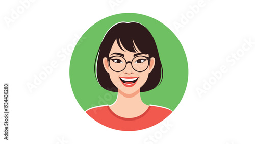 Cheerful woman with dark hair and glasses is framed in a green circular profile avatar against a clean white background.