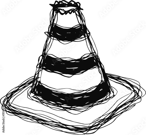 Hand drawn sketch of a striped traffic cone with bold black and white lines on white background