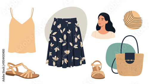 Summer fashion set including a peach tank top, navy floral midi skirt, straw handbag, and flat sandals on an abstract background.