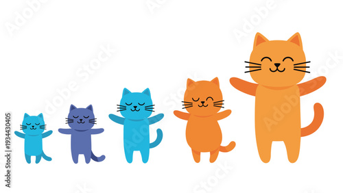 Row of five adorable cartoon cats in various colors and sizes standing together from smallest to largest on a white background.