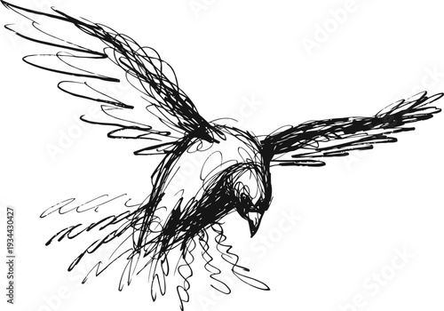 abstract ink sketch of a bird in flight with dynamic expressive brush strokes