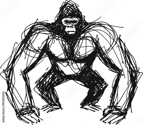 sketch of fierce gorilla crouching with intense gaze and muscular posture