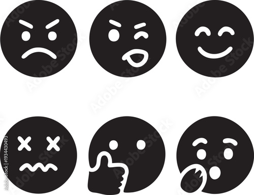 白黒のスマイリーフェイス絵文字アイコンセット 手描き風の楽しい表情コレクション ミニマルラインスタイル