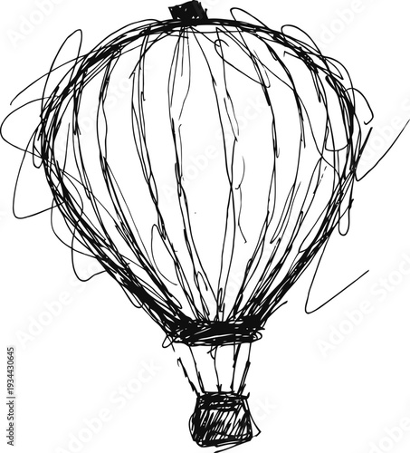 sketch of hot air balloon hand drawn rough black ink lines, simple vintage travel illustration
