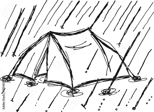 Tent in heavy rain with water puddles around, camping outdoor shelter in stormy weather