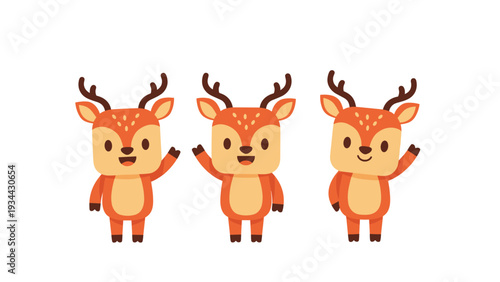 Trio of cute cartoon deer characters with antlers are waving their hooves and smiling together on a white background.