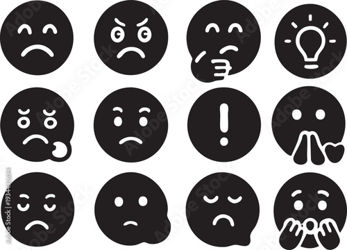 白黒のスマイリーフェイス絵文字アイコンセット 手描き風の楽しい表情コレクション ミニマルラインスタイル