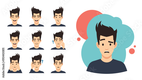 Character design sheet showing various facial expressions of a young man including happy, sad, confused, and surprised.