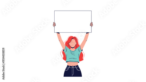 Young woman with bright red hair holds up a large blank white rectangular board above her head for custom advertising.
