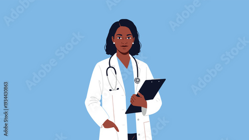 Confident black female doctor wearing a white lab coat over blue scrubs holds a medical clipboard on a plain background.