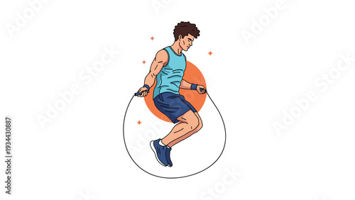 Fit young man jumps rope for a cardio workout session against a minimalist background with an orange circle and stars.