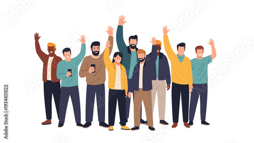 Large group of diverse men and women stand together with their hands raised in a gesture of participation or voting.