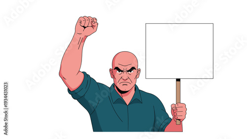 Determined bald man in a dark green shirt holds up a blank white protest sign and raises his fist in anger or defiance.