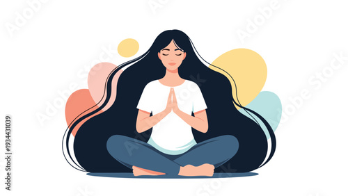 Beautiful young woman with long flowing dark hair sits in a peaceful lotus meditation pose surrounded by soft shapes.
