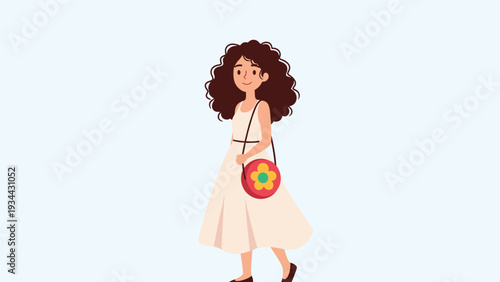 Cute young girl with curly hair wearing a white dress and a round flower bag walks happily across a light background.