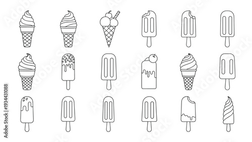 Set of thin line icons representing various types of ice cream cones, popsicles, and frozen desserts on a white background.