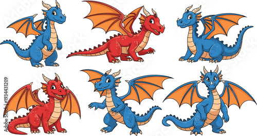 Cute Fire Dragons Set Blue and Red Fantasy Cartoon Vector Illustration