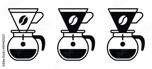 Cartoon Coffee Pot Icon, Drip Coffee Maker with Coffee Beans and Filter, Line Pattern Vector for Cafe Menu and Restaurant Design