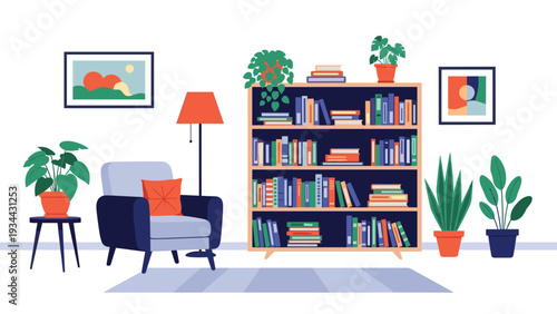 Comfortable living room interior design featuring a full bookshelf, a cozy armchair, a lamp, and several green potted plants.