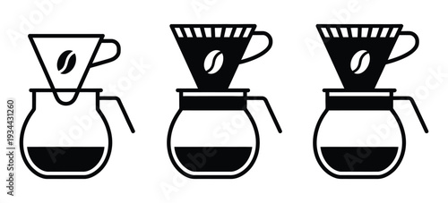 Cartoon Coffee Pot Icon, Drip Coffee Maker with Coffee Beans and Filter, Line Pattern Vector for Cafe Menu and Restaurant Design