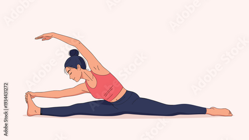 Flexible young woman with dark hair performs a seated side stretch yoga pose on a light background for health and wellness.