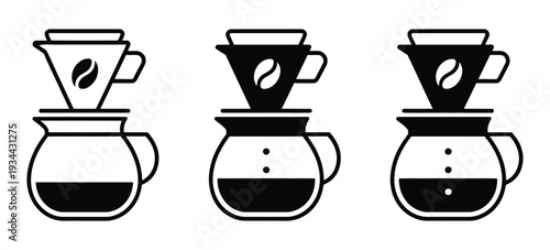 Cartoon Coffee Pot Icon, Drip Coffee Maker with Coffee Beans and Filter, Line Pattern Vector for Cafe Menu and Restaurant Design