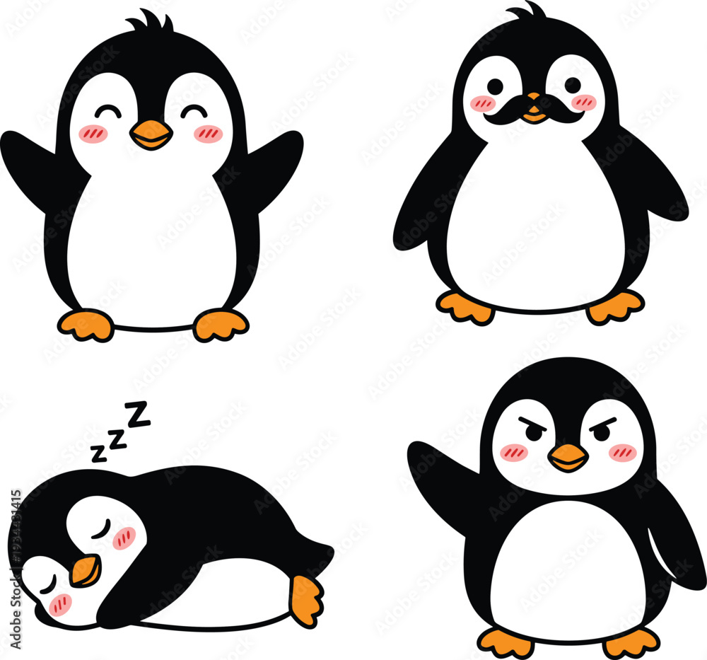 Fototapeta premium Cute Penguin Cartoon Characters Set in Different Poses Vector Illustration
