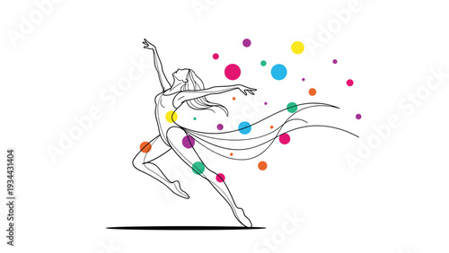 Artistic line drawing of a graceful ballerina performing a dance move surrounded by vibrant multicolored floating circles.