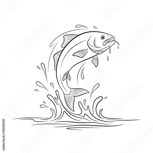 Line art drawing of a fish leaping out of water with splashes and droplets