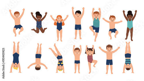 Set of happy children in colorful swimwear playing, jumping, and doing handstands during a fun day at the pool or beach.