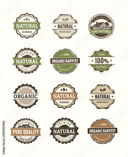 Fotografie Rustic Organic Label Badge Vector Set - Vintage Sticker Seals, Natural Farm Orga