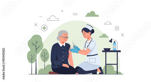 Nurse Administering Vaccine to Senior Woman Outdoors
