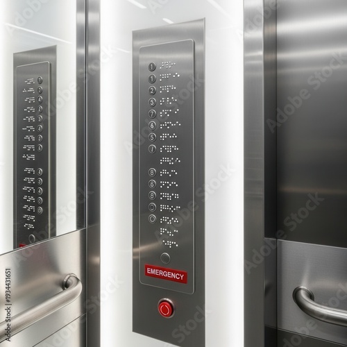 Modern Elevator Interior Featuring Braille Buttons, Metallic Design, and Emergency Access Panel