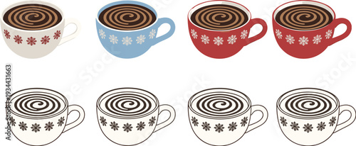 Collection of decorative coffee cups with swirl latte patterns in various colors and outline styles, illustrating cozy beverage concept and modern kitchen design