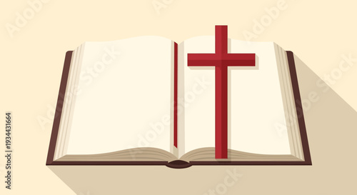 A meaningful flat design illustration depicting an open Bible with a cross, symbolizing the scriptural foundation of faith and the sacrifice of Good Friday. 