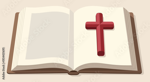 A meaningful flat design illustration depicting an open Bible with a cross, symbolizing the scriptural foundation of faith and the sacrifice of Good Friday. 