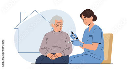 Nurse administers injection to elderly patient at home, healthcare concept